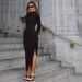 Solid Color Fashion Elegant Half Turtleneck Long Sleeve Slim Fitted Slit Ruched Bodycon Dress For Women Daily Wear Formal Outing_ecoleips.com