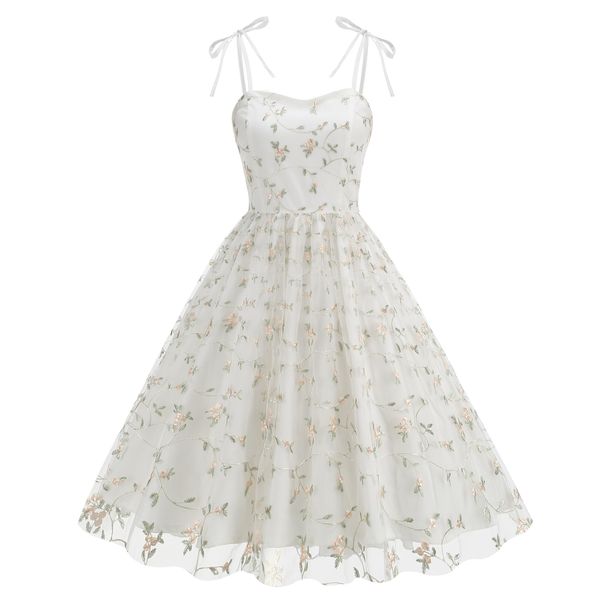 Women's Retro Hepburn Style Bow Halter Mesh Embroidered Dress Christmas Casual Elegant Fashion Thin_ecoleips.com