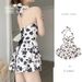 New Women's Black One Piece Swimsuit Poppy Style Flat Leg Conservative Girlish Tie Waist Halter Neck High Waist Tummy Covering Hot Spring_ecoleips.com