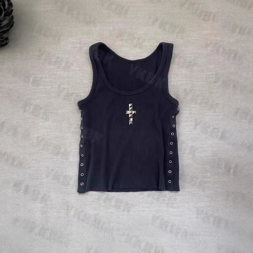 Retro Black Rhinestone Print Cross Vest European American Style Women's Slimming Top Waist Cinching Niche Design_ecoleips.com