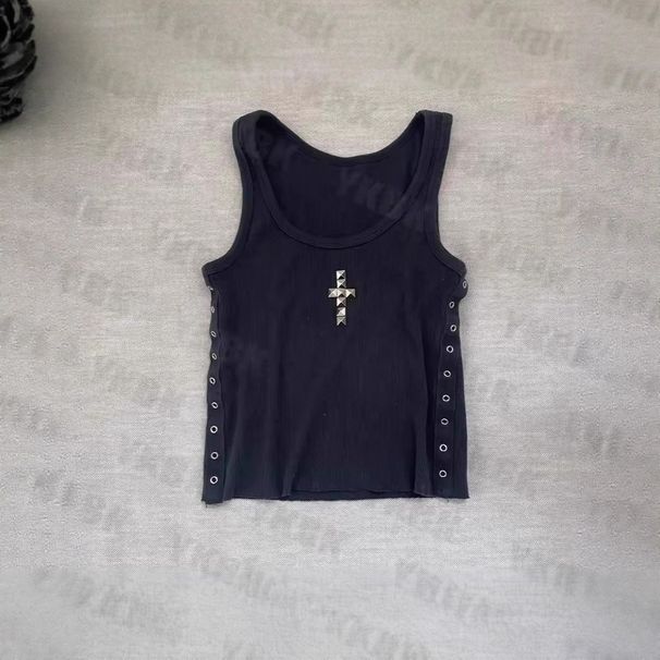Retro Black Rhinestone Print Cross Vest European American Style Women's Slimming Top Waist Cinching Niche Design_ecoleips.com