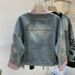 Women's Chinese Style Denim Jacket, Vintage Frog Button Floral Embroidered Jean Coat, Pink Trim Stand Collar Cropped Casual Outerwear For Daily Street_ecoleips.com