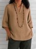 Women's Clothing V Neck Three Quarter Sleeve Cotton And Linen Loose Casual Shirt_ecoleips.com