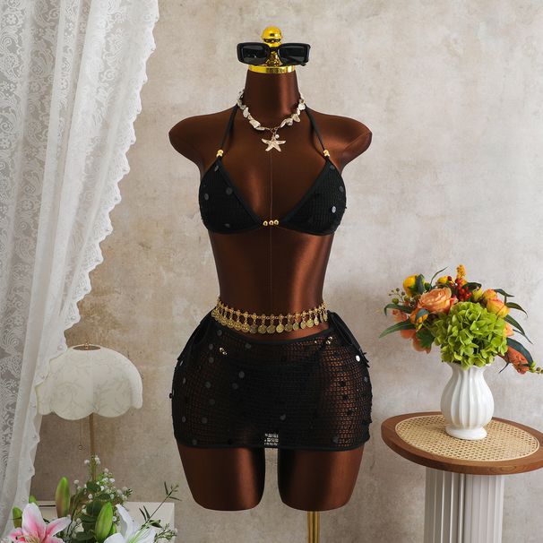 New American Retro Mesh Sequin Flattering Striped Design Bikini Three Piece Women's Clothing Swimwear_ecoleips.com