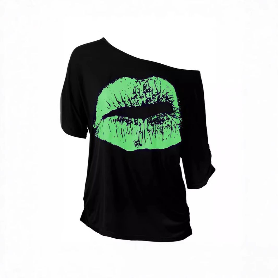 Women's Clothing 80s Modal Print Lip Print Off-Shoulder Halloween Costume T-Shirt Regular Fit_ecoleips.com