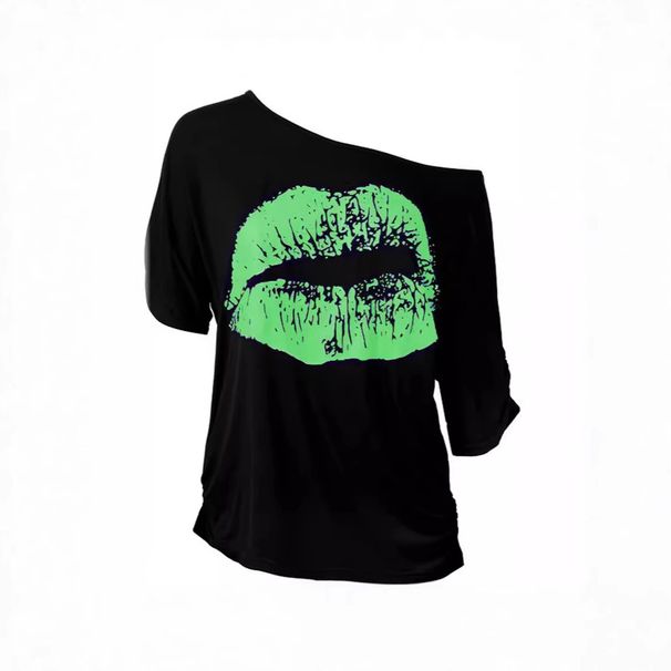 Women's Clothing 80s Modal Print Lip Print Off-Shoulder Halloween Costume T-Shirt Regular Fit_ecoleips.com