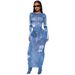 Women’s Clothing New Two Piece Suit Denim Print Round Neck Long Sleeved Top Slim Hip Long Skirt_ecoleips.com