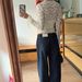 Dark Blue Low Rise Raw Denim Jeans Women's Retro Washed Casual Wide Leg Straight Leg Jeans No Waistband Design For Autumn Winter Style_ecoleips.com