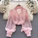 French Court Style High-End Mesh Blouse for Women with Satin Design Ribbon Long Sleeves Unique And Beautiful Autumn Top_ecoleips.com