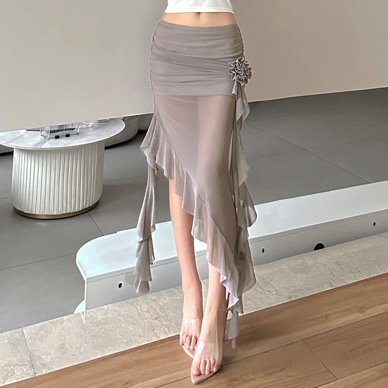 Cross-border European American Style 2024 Summer New Women's Clothing Mesh Bodycon Skirt With Three-dimensional Floral_ecoleips.com