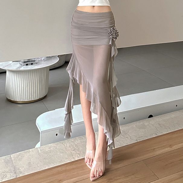 Cross-border European American Style 2024 Summer New Women's Clothing Mesh Bodycon Skirt With Three-dimensional Floral_ecoleips.com