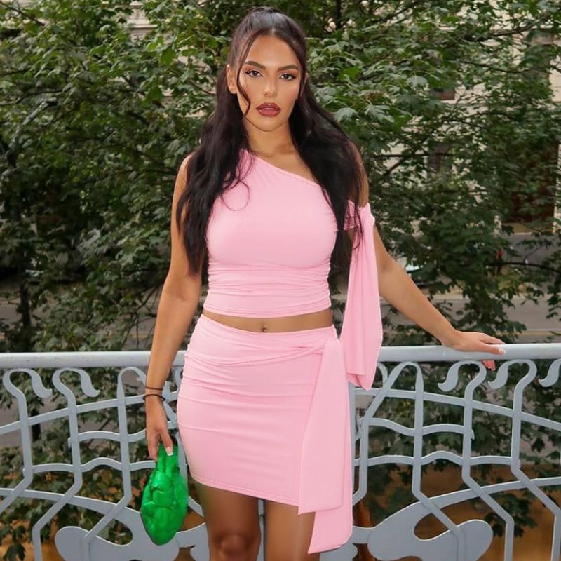 Women's American Style Asymmetrical Neck Tie Front Top And Slim Fit Pleated Skirt Set Summer Fashionable Casual Sexy Clubwear_ecoleips.com