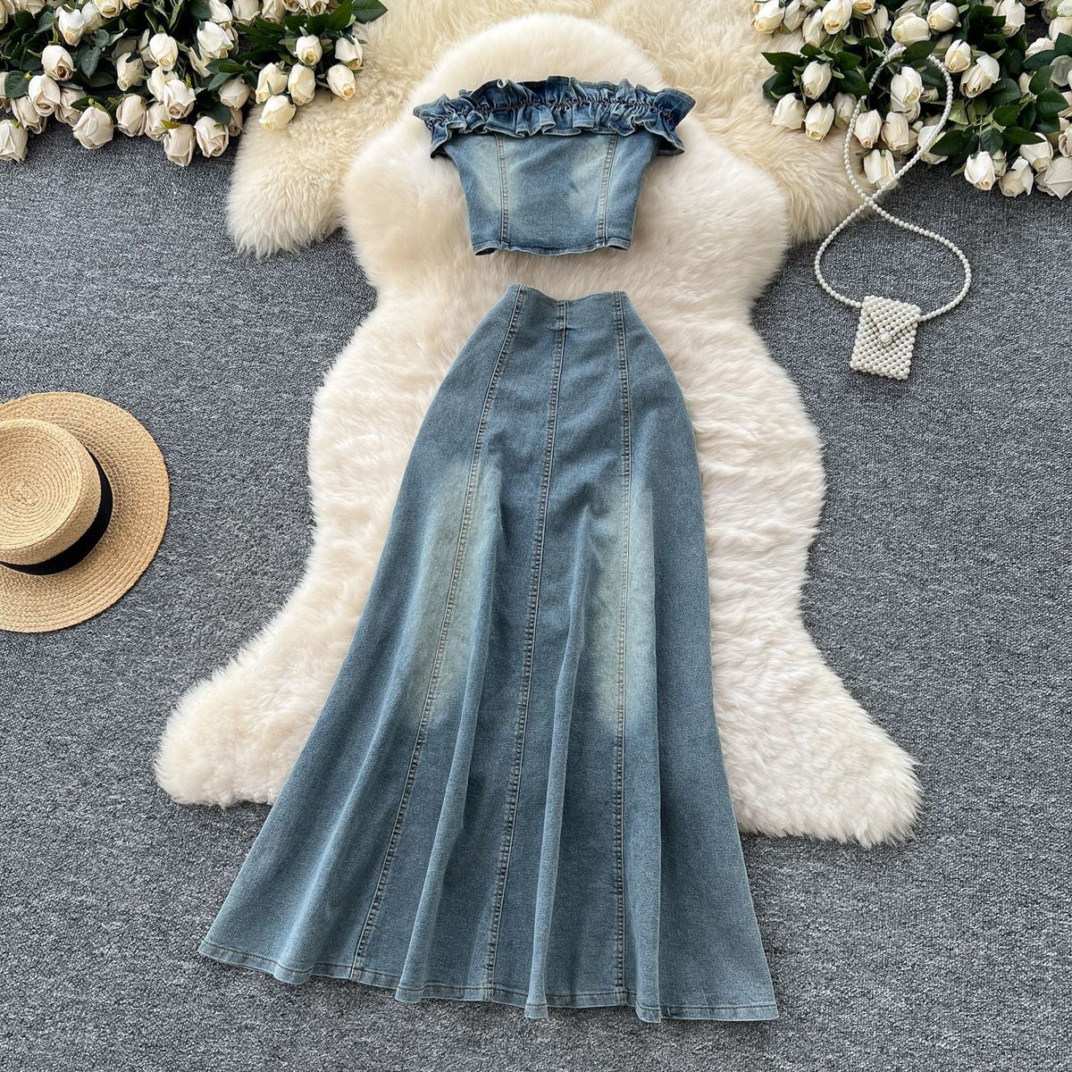 Women's Clothing Suit For Women Summer Design Wood Ear Edge Tube Top Vest High Waist Fishtail Skirt_ecoleips.com