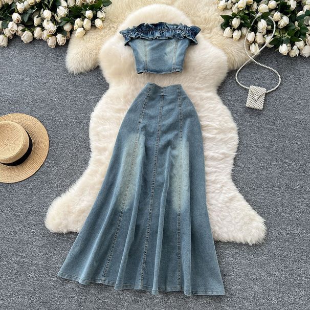 Women's Clothing Suit For Women Summer Design Wood Ear Edge Tube Top Vest High Waist Fishtail Skirt_ecoleips.com