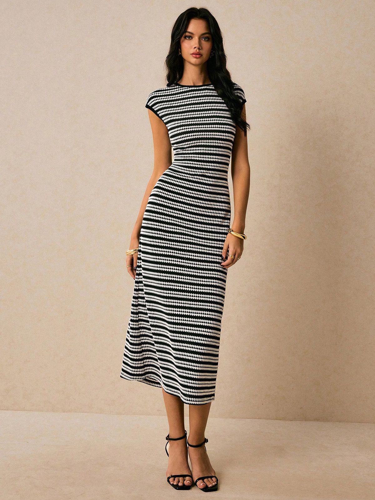 Women's Casual Long Dress Color Block Striped Waist Cinching Round Neck Short Sleeve Fashion_ecoleips.com