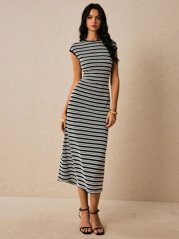Women's Casual Long Dress Color Block Striped Waist Cinching Round Neck Short Sleeve Fashion_ecoleips.com