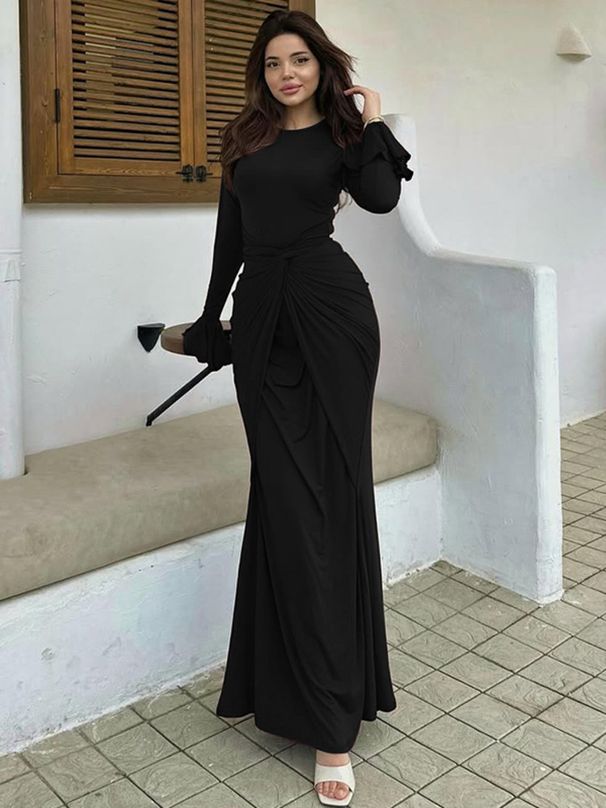Mozision Flare Long Sleeve Draped Sexy Maxi Dress Women Gown Elegant O Neck High Waist Bodycon Club Party Long Dresses Female_ecoleips.com
