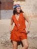 Women's Clothing Cotton And Linen Vest Shorts Suit Green Vest Shorts Casual Suit_ecoleips.com