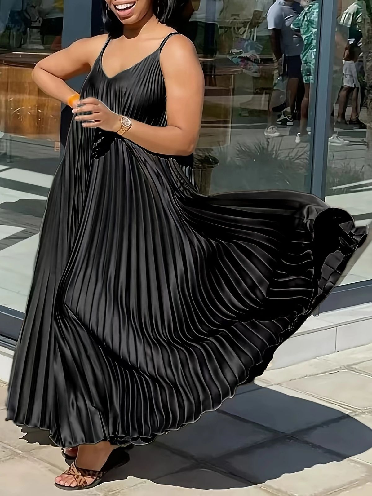 plus Size Women's Casual V Neck Pleated Suspender Dress European American Style Spring Autumn Regular Thickness_ecoleips.com