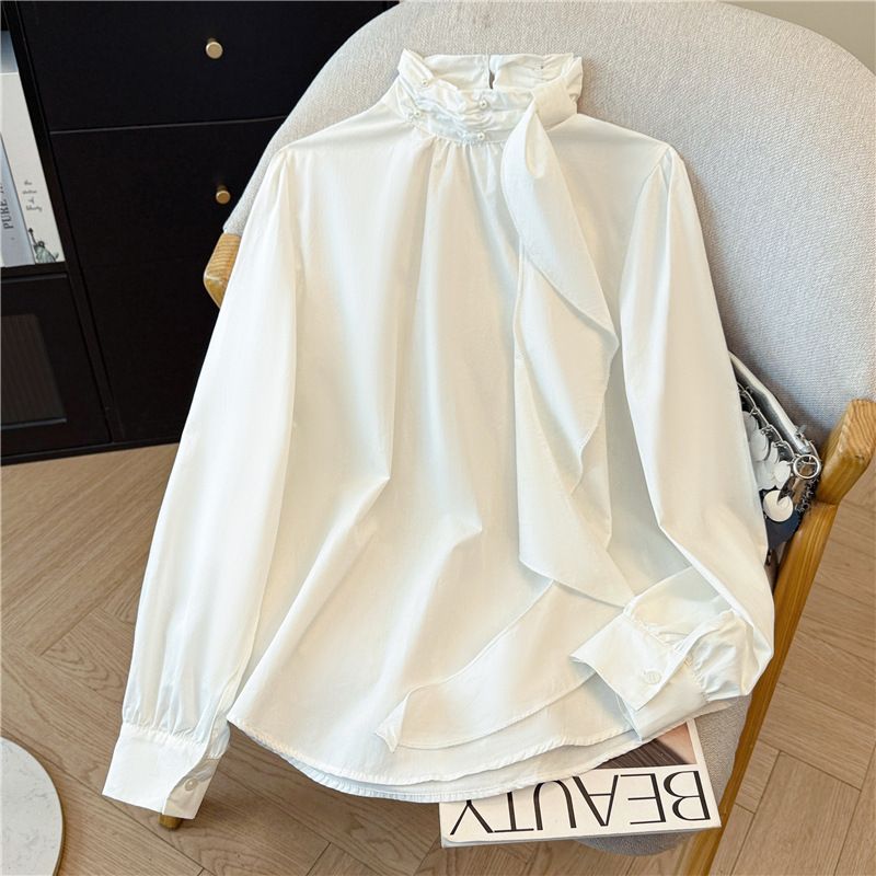 Women's Clothing French Style Women's Long Sleeved Blouse Beaded Sophisticated Chic Unique Top For Spring For Formal & Casual_ecoleips.com