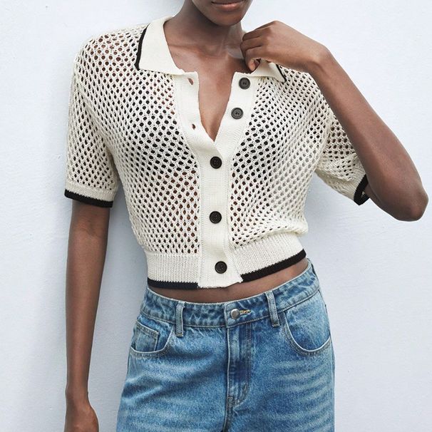 Women's Breathable Lace-Up Knit Short Sleeve Shirt Cropped Open-Front Cardigan Casual Chic Style_ecoleips.com
