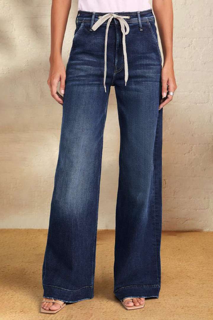 Women's Clothing Spring New Lace Up Stretch Jeans Straight Temperament Wide Leg Trousers_ecoleips.com