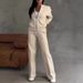 Beige 2 Piece Tracksuit Women, Casual Zip Up Cropped Jacket & High Waist Wide Leg Sweatpants Set, Soft Fleece Loungewear Outfit For Daily Wear Streetw_ecoleips.com