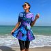 Muslim Swimsuit Women's Floral Chain Bikini Top Quick Dry Short Sleeve Swimming Suit Beachwear Sexy Tight High Elasticity_ecoleips.com