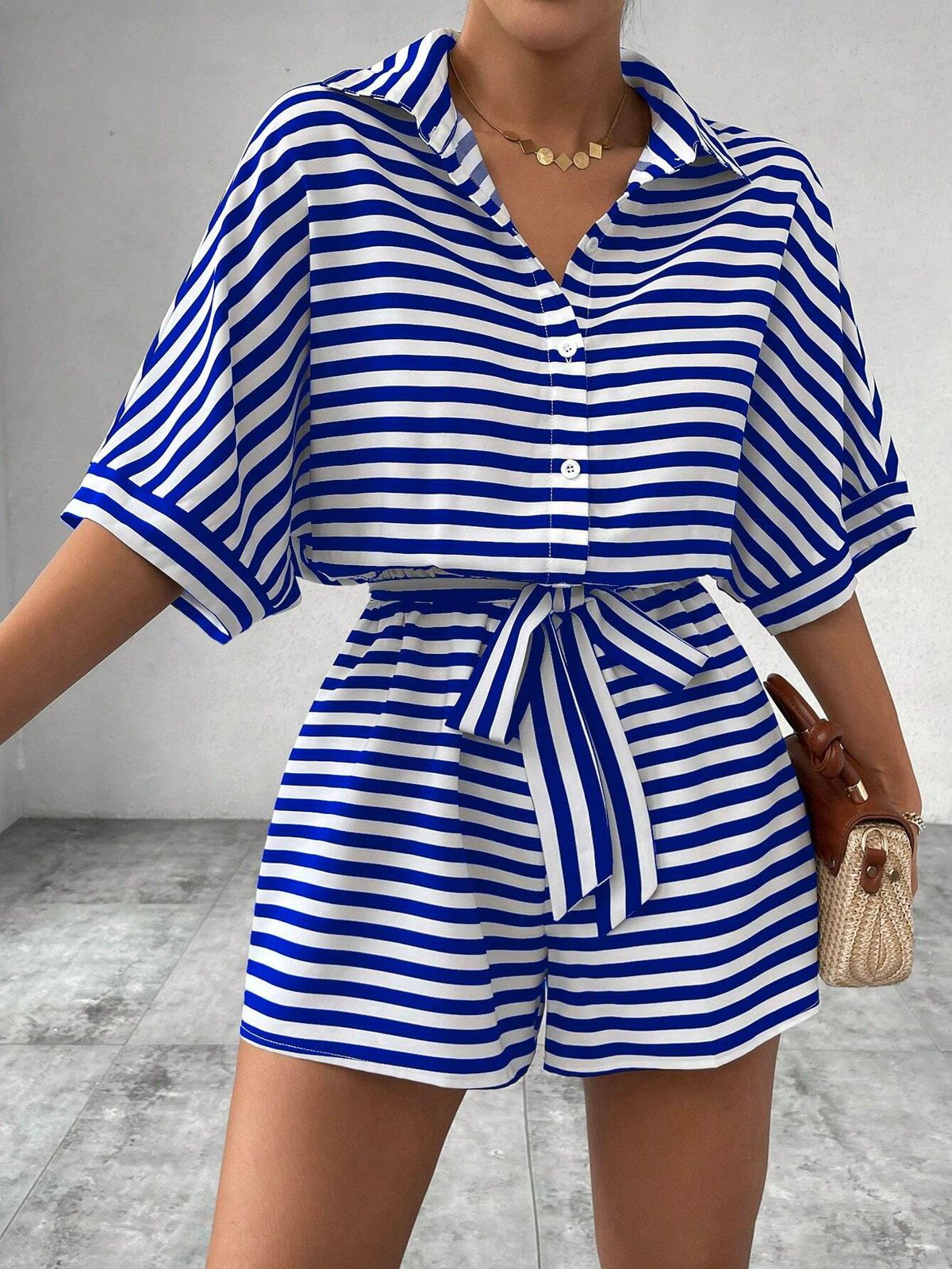 Women's Striped Collared Cardigan Button Down Mid Sleeve Jumpsuit With Belt Spring/Summer_ecoleips.com