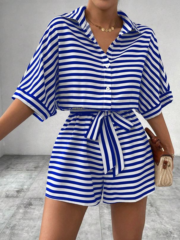 Women's Striped Collared Cardigan Button Down Mid Sleeve Jumpsuit With Belt Spring/Summer_ecoleips.com