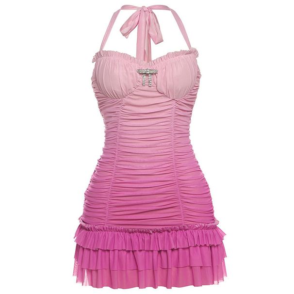 Summer Mesh Patchwork Color Block Pleated Slim Fit Halter Neck Bodycon Dress for Women European American Style Sexy Clothing_ecoleips.com