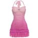 Summer Mesh Patchwork Color Block Pleated Slim Fit Halter Neck Bodycon Dress for Women European American Style Sexy Clothing_ecoleips.com