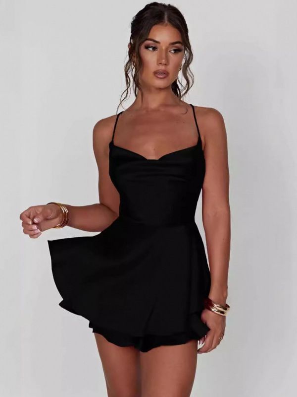 Women's Sexy Solid Color Backless Lace Up Satin Belted Halter Mini Dress – Summer Party Gown_ecoleips.com