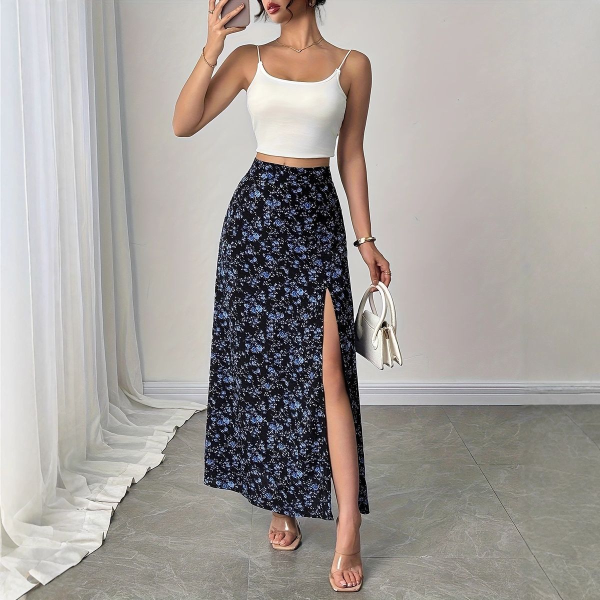 Women's Floral Print High Slit Midi Skirt European American Style 2025 Fashion Sexy Sweet Cross Border Design_ecoleips.com