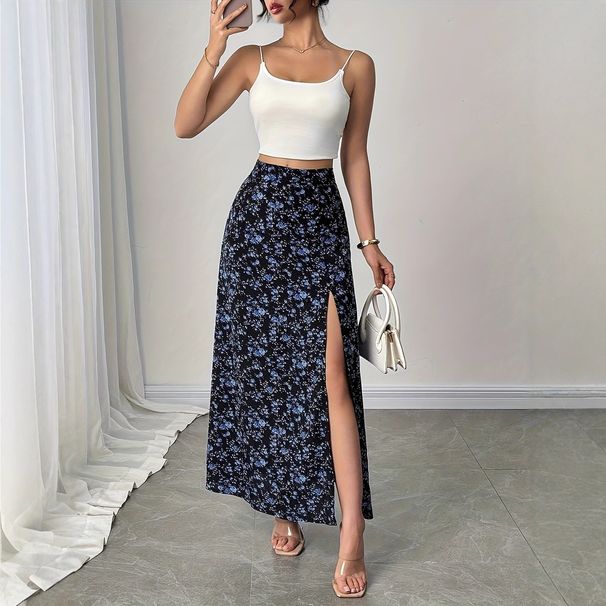Women's Floral Print High Slit Midi Skirt European American Style 2025 Fashion Sexy Sweet Cross Border Design_ecoleips.com