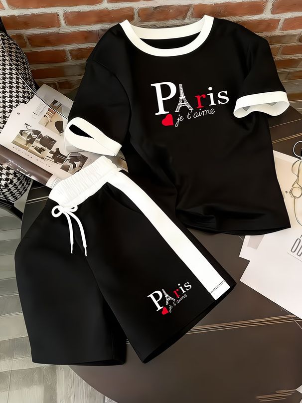 Women's Clothing Women's Elegant Summer Patchwork Set Heart Print Short Sleeve Eiffel Tower Design Paris Theme Clothing_ecoleips.com
