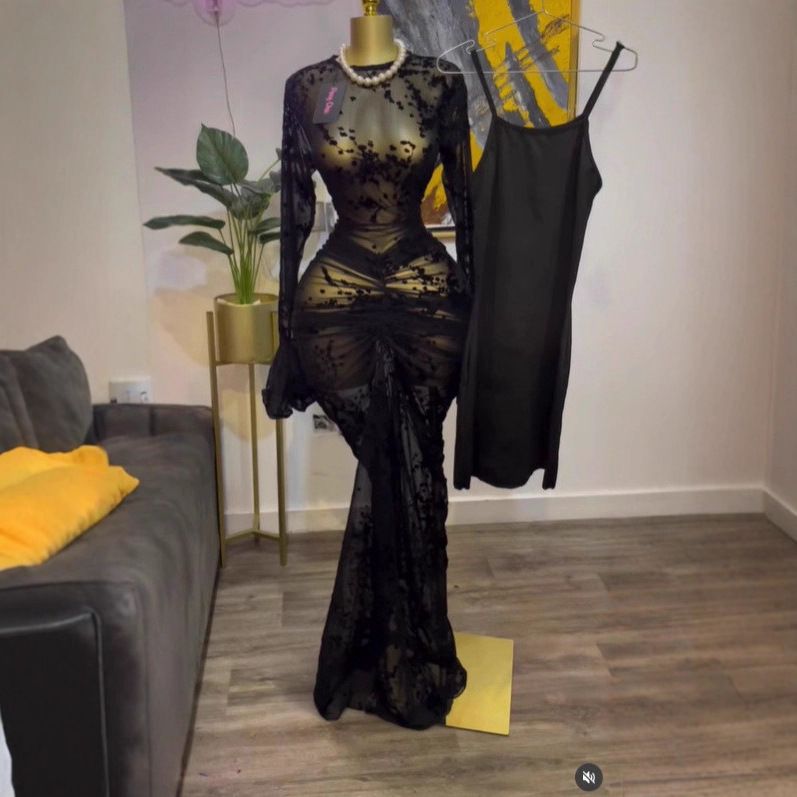 Elegant Flocked Floral Sheer Mesh Long Sleeve Dress With Slip Lining - Stretchy Ruffle Hem A-Line Party Gown_ecoleips.com