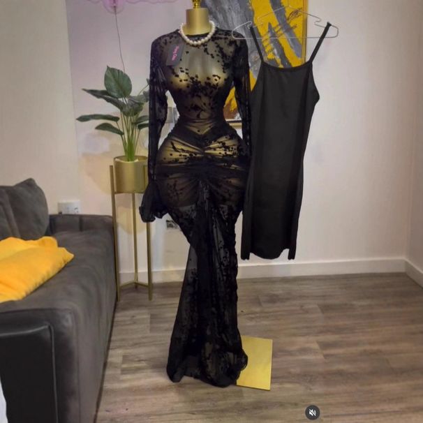 Elegant Flocked Floral Sheer Mesh Long Sleeve Dress With Slip Lining - Stretchy Ruffle Hem A-Line Party Gown_ecoleips.com