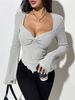 Women's Square Collar T-shirt With Bell Sleeves Knotted Hem Texture Long Sleeve Short Style Ribbed Knit Top_ecoleips.com