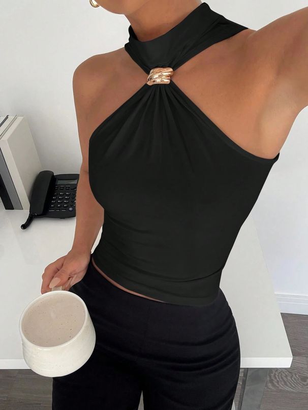 Women's Clothing High Neck Sleeveless Off-Shoulder Elastic Vest Spring/Summer Top Metal Ring Detail Fashion_ecoleips.com