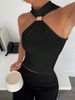 Women's Clothing High Neck Sleeveless Off-Shoulder Elastic Vest Spring/Summer Top Metal Ring Detail Fashion_ecoleips.com