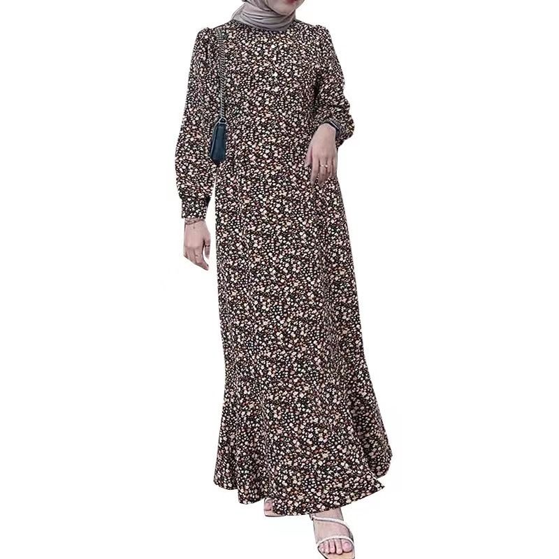 Bohemian Floral Maxi Dress With Modest Long Sleeves – Muslim-Friendly Loose Fit Dress, Polyester Flowy Hijab Dress (Black Print, Beige Print)_ecoleips.com