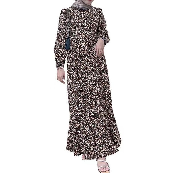 Bohemian Floral Maxi Dress With Modest Long Sleeves – Muslim-Friendly Loose Fit Dress, Polyester Flowy Hijab Dress (Black Print, Beige Print)_ecoleips.com