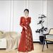 Summer Women's Pleated Long Sleeve Dress V Neck Printed Elegant High End Fashion Age Reducing Red Color Clothing_ecoleips.com
