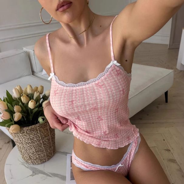 Cross-Border European And American Summer New Knitted Jacquard Strap Lace Patchwork Pajamas Wholesale Comfortable_ecoleips.com