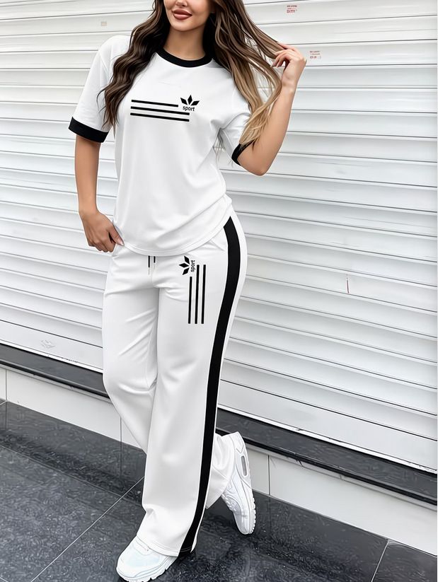 Women's Summer Fashion Color Block Set European American Style Casual round Neck Short Sleeve Top And Loose Trousers Two Piece Outfit Printed_ecoleips.com