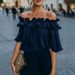 Women's Off-Shoulder Blouse With Flounce Sleeve - Elegant Ruffle Trim Casual Summer Top In Navy, Sky Blue, Black, White, Purple, Pink_ecoleips.com