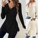 K Large Size Women's New Long Sleeved Solid Color V-neck Casual Home Pit Stripe Top_ecoleips.com