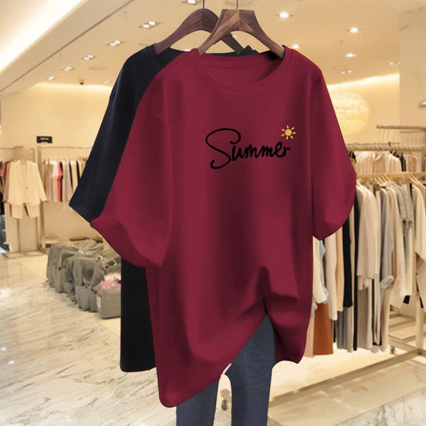 Plus Size Letter Print Top For Women Short Sleeved T-Shirt Mid-Length Summer New Style Clothing_ecoleips.com
