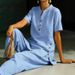 Women's Linen Button-Up Shirt Wide-Leg Pants Set Sky Blue Burgundy Beige Khaki Relaxed Fit Loungewear S-3XL_ecoleips.com
